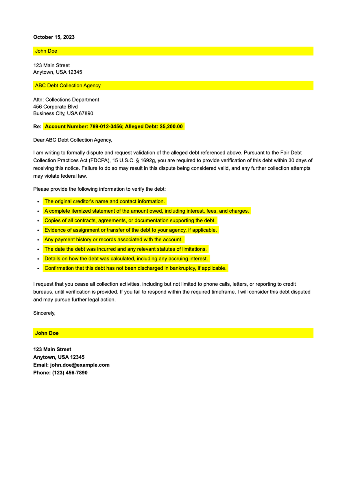 Debt validation letter template under Fair Credit Reporting Act_variant_1